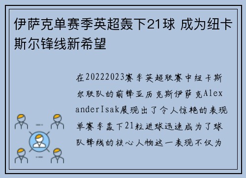 伊萨克单赛季英超轰下21球 成为纽卡斯尔锋线新希望